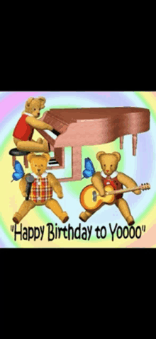 a birthday card with three teddy bears playing instruments