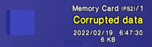 a blue background with the words " memory card ( ps2 / 1 ) corrupted data "