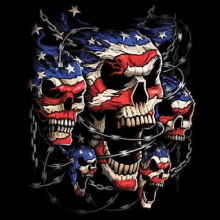 a group of skulls with american flags and barbed wire .