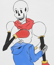 a drawing of a skeleton holding a stick and a person in a blue jacket