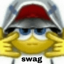 a blurry picture of a smiley face wearing a hat and sunglasses with the word swag below it