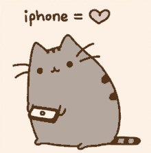 a drawing of a cat wearing glasses and the words iphone = heart