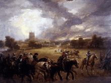 a painting of a group of knights riding horses