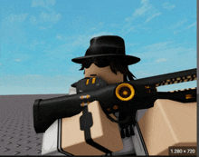 a screenshot of a video game character with a hat and sunglasses holding a rifle