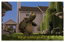 a turtle with a cane standing in front of a house with the words what is this place below it