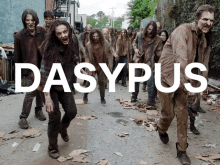 a group of zombies are walking down a street with the word dasypus in white