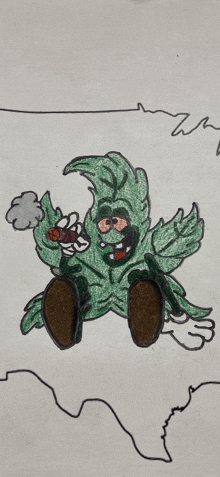 a drawing of a marijuana leaf holding a cigar