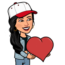 a cartoon of a woman wearing a baseball cap and holding a red heart