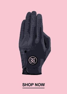 a black golf glove with a white logo on it is on a pink background with the words shop now below it