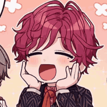 a cartoon character with red hair is laughing with his hands on his face .