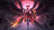 a woman with wings and horns holding a sword