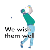 a man swinging a golf club with the words " we wish them well " behind him