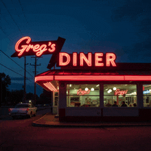 greg 's diner at night with a car parked outside