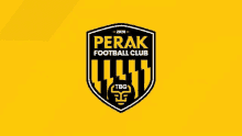 the perak football club logo is yellow and black and has a lion on it .