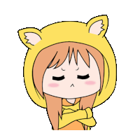 a cartoon of a girl wearing a yellow cat hoodie with her arms crossed