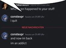 a screenshot of a conversation between consteexpr and someone else