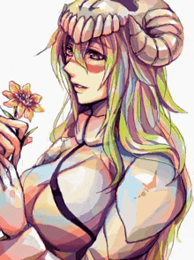 a drawing of a woman with long hair and horns