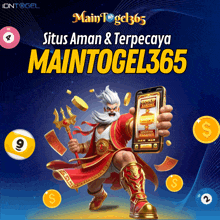 an advertisement for main togel365 shows a man with a trident holding a phone