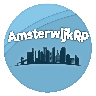 a blue circle with the word amsterdam on it and a city skyline in the background .