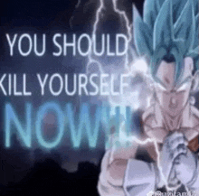 a picture of a dragon ball z character with the words `` you should kill yourself now '' written on it .