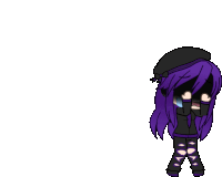 a girl with purple hair and a black hat is wearing a black hoodie and purple pants .