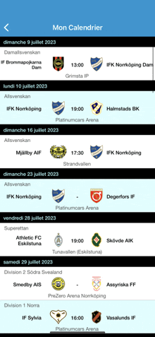 a screenshot of the mon calendrier app shows a list of upcoming matches