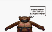 a teddy bear with a beard and a speech bubble is talking in a foreign language .