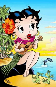 a cartoon of betty boop playing a ukulele on a beach