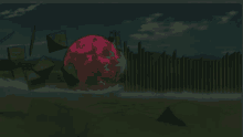 a red sphere is surrounded by a fence and boxes