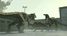 three dinosaurs are standing in front of a building