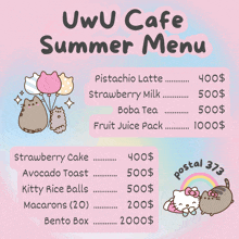 a menu for a uwu cafe with a strawberry cake and avocado toast