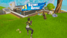 a person in a video game is standing in front of a sign that says " victory royale "