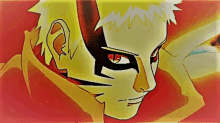 a close up of a cartoon character 's face with red eyes and a yellow haircut .