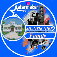 a logo for starmaker shows a man singing into a microphone in front of a house