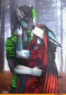 a furry couple hugging each other in the woods .