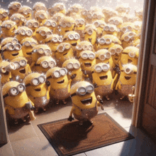 a bunch of minions standing in a doorway