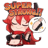 a girl with red hair is giving a thumbs up and says `` super strong '' .