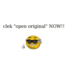 a smiley face with sunglasses and the words " clek " open original " now " behind it