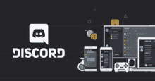 a discord logo is on a black background surrounded by various devices