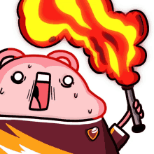 a cartoon character holding a torch with flames coming out of it 's mouth