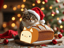 a cat wearing a santa hat sits on a loaf of bread