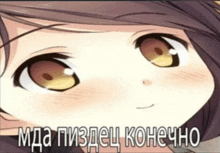 a close up of a anime girl 's face with russian writing on it .