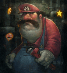 a cartoon of mario holding a pipe wrench