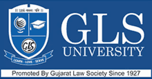 a blue logo for gls university is promoted by the gujarat law society since 1927