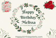 a birthday card for melissa with a wreath of flowers and leaves