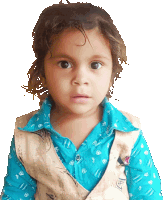 a little girl wearing a blue shirt and a vest