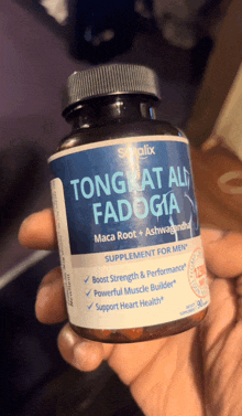 a bottle of tongkat ali fadogia maca root ashwagandha supplement for men