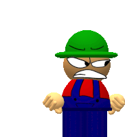 a cartoon character wearing a green hat and blue overalls has an angry look on his face