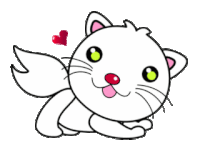 a cartoon drawing of a white cat with green eyes