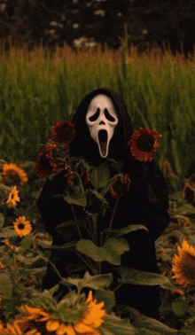 a person in a scream mask is holding a bunch of sunflowers